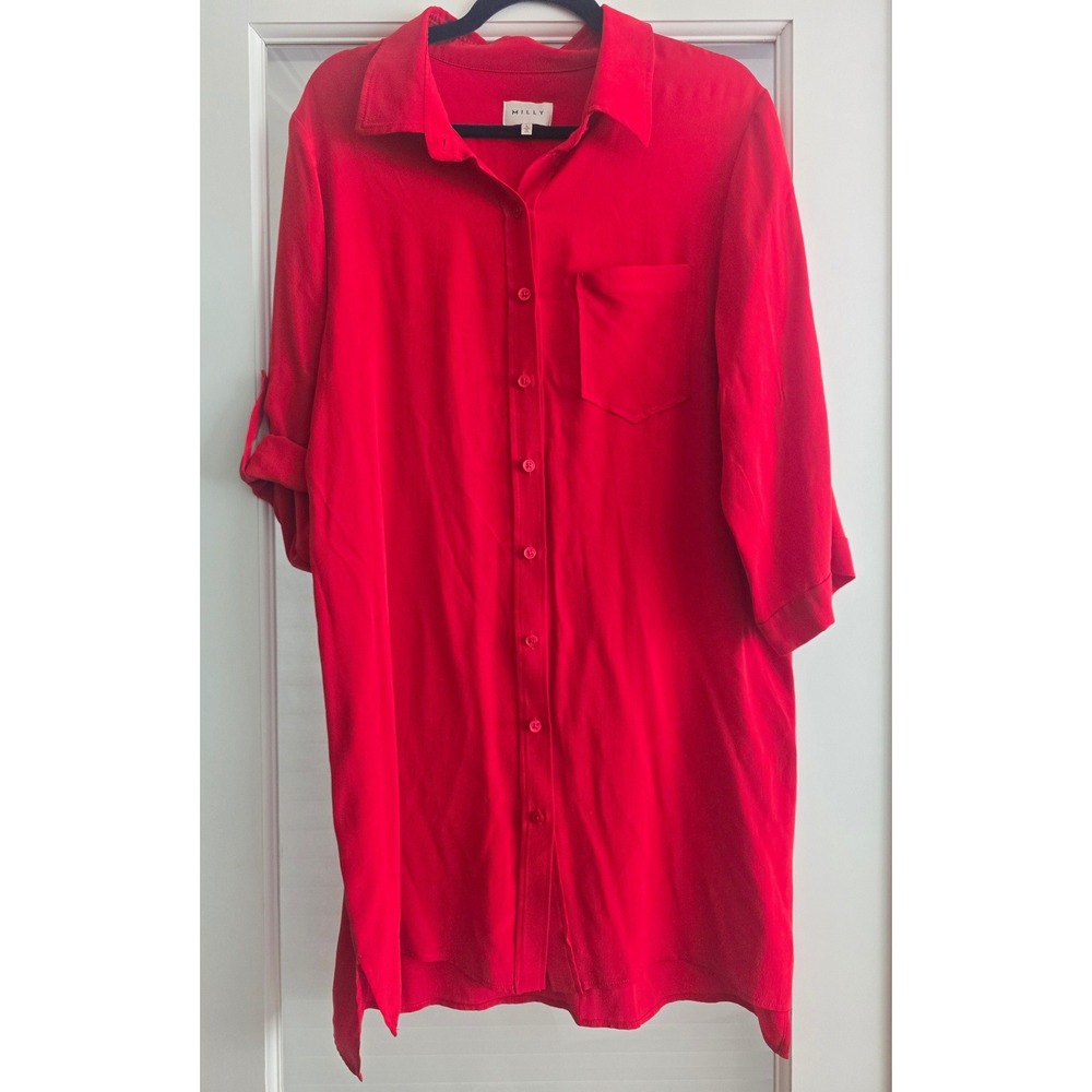 Milly Red Roll Tab Sleeve Button‎ Down Shirt Dress Large Made in USA 100% Silk
